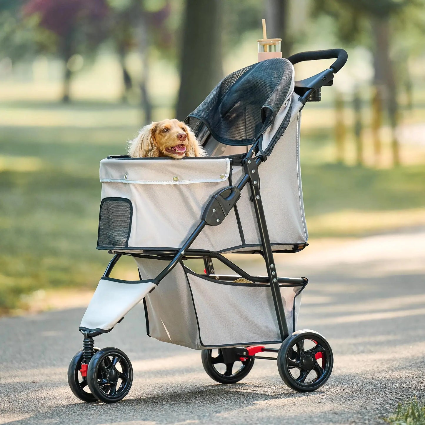 Carlson Pet Products Stroller Includes 360 Degree Front Wheel Swivel Rear Wheel Breaks Reflective Trim Mesh Panels Umbrella and Mesh Canopy Khaki