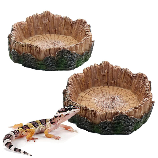 Plato de agua para reptiles, cuencos de comida, 2 piezas, tronco de árbol artificial, decoración para acuario de reptiles, cuenco para leopardo, gecko, lagarto, araña, escorpión, cangrejo ermitaño