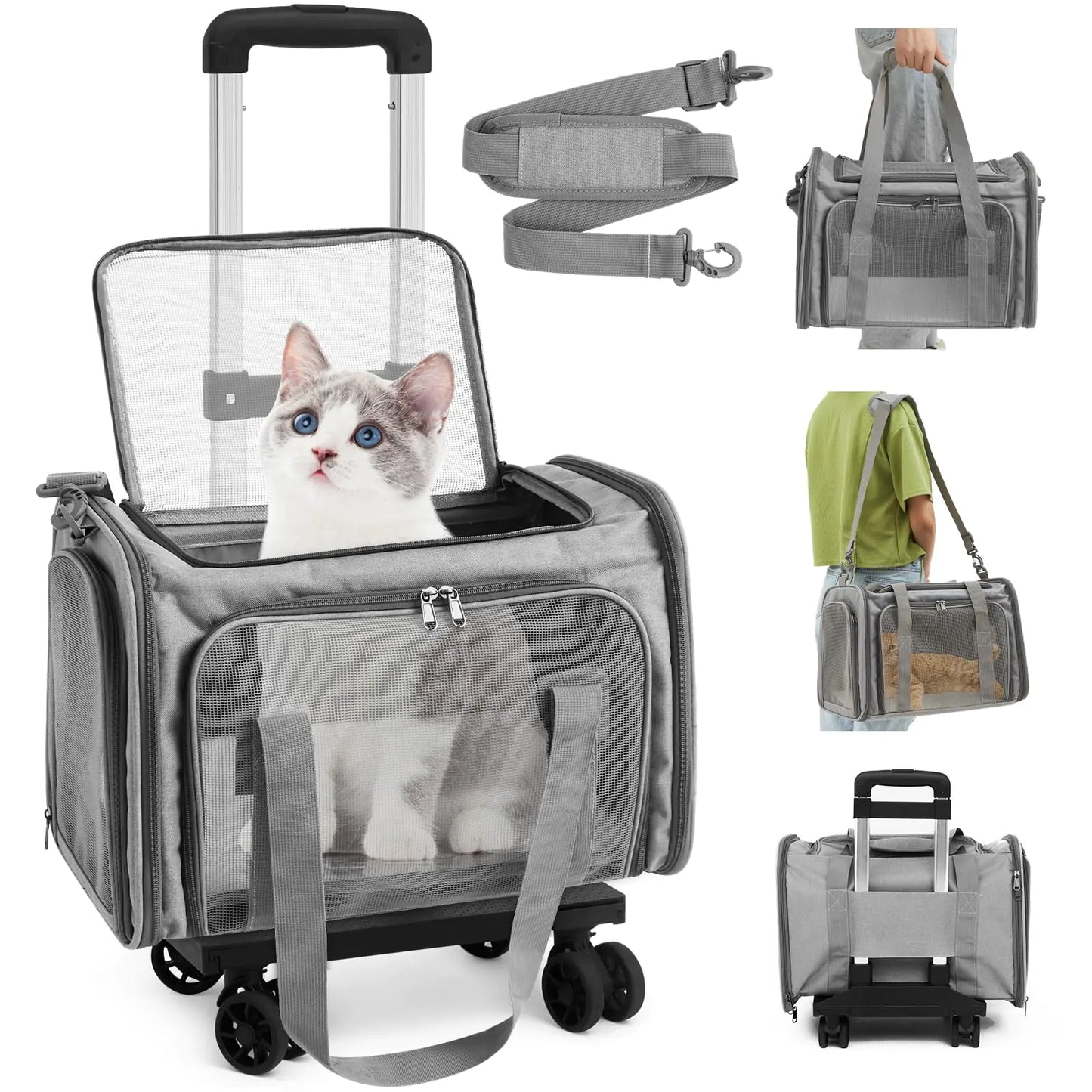 Paterr Cat Carrier with Wheels Pet Carrier with Wheels Pet Carrier for 18 Lbs Cats Dogs Foldable Breathable Cat Small Animals Travel Carrier for Flight Camping Outdoor