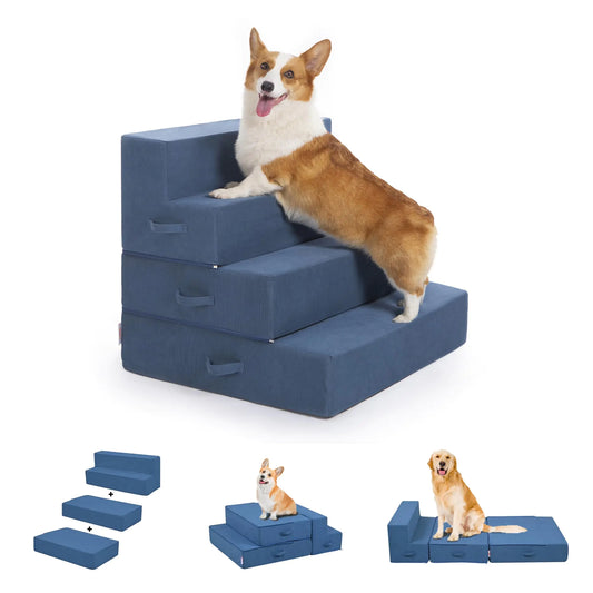 Multifunktionale Haustiertreppe für kleine und mittelgroße Hunde. Extrabreit (28 Zoll) für Stabilität. Einstellbare Höhen für hohe Betten und Sofas. Hochdichter Schaumstoff. Selbst zusammenbaubar für verschiedene Hundebettgrößen. 4 Stufen, Blue Bird.