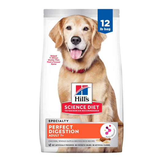 Hills Science Diet Perfect Digestion Senior Adult 7+ Verdauungsunterstützung Trockenfutter für Hunde, Huhn, brauner Reis und Vollkornhafer, 12-Pfund-Beutel