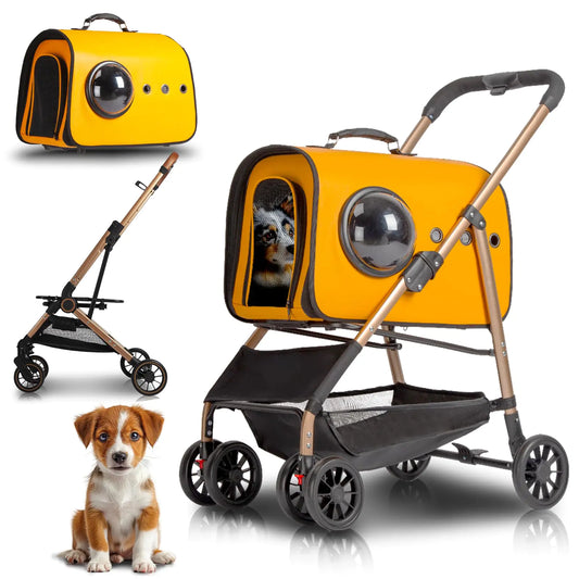 Magicorange Pet Stroller 3 in 1 Dog Stroller for Medium Small Size Dogs Foldable Pet Travel Carrier with Detachable Carrier Storage Basket for Puppies Doggies Kitties Bunnies (Orange)