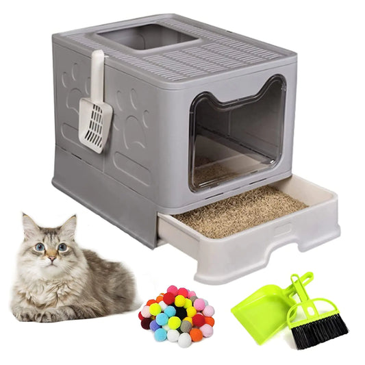 Hamiledyi Faltbare große Katzentoilette, geschlossenes Katzentöpfchen mit Schublade, Einstieg von oben, spritzwassergeschützte Katzentoilette mit Deckel und Katzenstreuschaufel, geruchsneutrales Katzenzubehör für Katzen und Kätzchen, Grau