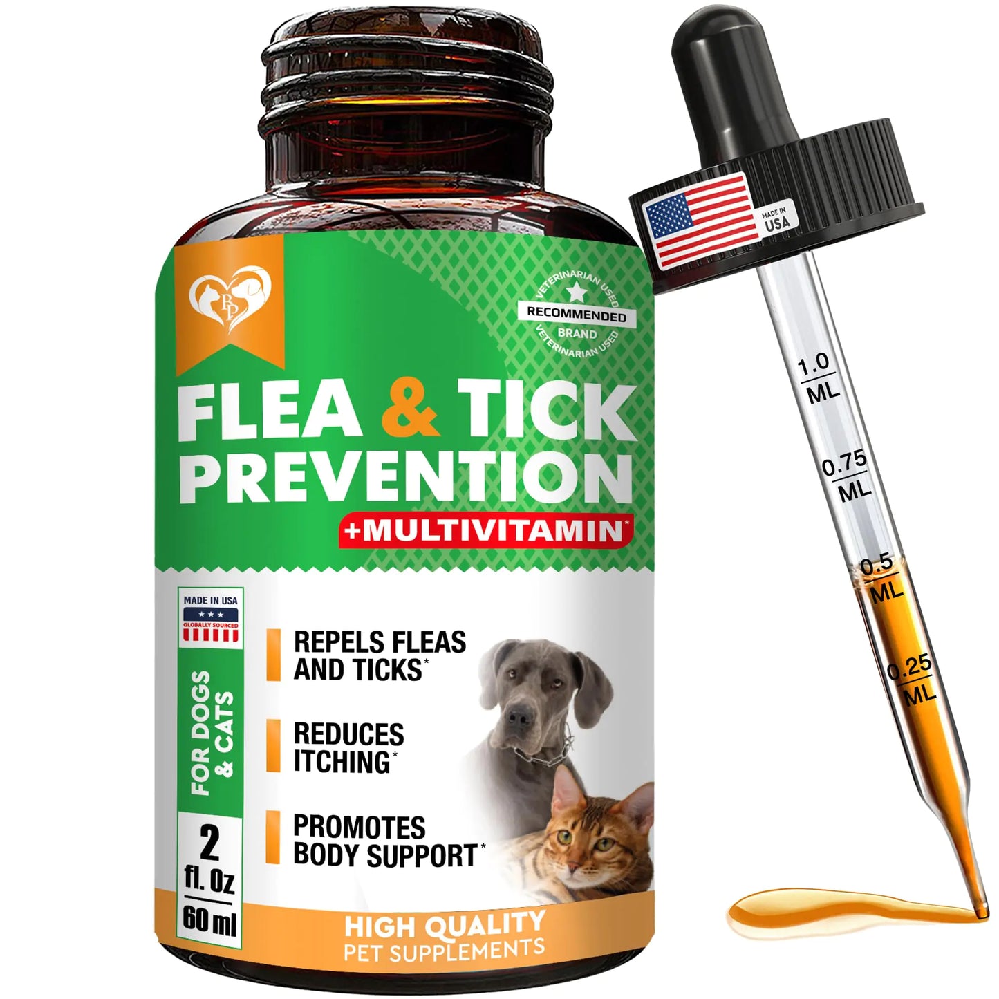 Oral Flea & Tick Prevention for Dogs and Cats - Natural Flea Control and Medicine & Treatment for Small and Large Dogs - Multivitamin Drops Supplements for Pets Made in USA