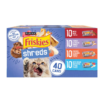 Purina Friskies Wet Cat Food Variety Pack Shreds With Beef Turkey and Cheese Dinner Chicken and Salmon Dinner and With Ocean Whitefish and Tuna - (Pack of 40) 5.5 oz. Cans