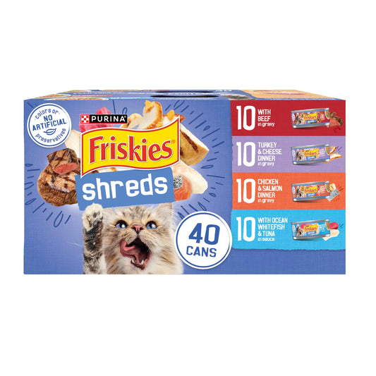 Purina Friskies Wet Cat Food Variety Pack Shreds With Beef Turkey and Cheese Dinner Chicken and Salmon Dinner and With Ocean Whitefish and Tuna - (Pack of 40) 5.5 oz. Cans