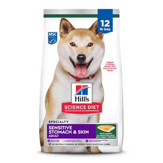 Hills Science Diet Sensitive Stomach & Skin Adult 1-6 Stomach & Skin Sensitivity Support Dry Dog Food Pollock Barley & Insect Recipe 12 lb Bag