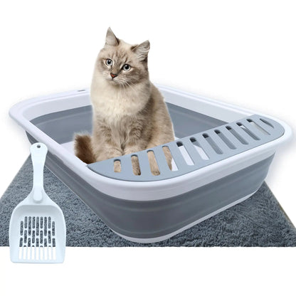 MUYG Collapsible Small Cat Litter BoxOpen Top Cats Litter Pan with Scoop Waterproof & Foldable Kitten Potty Toilet Anti-Splashing Low Entry Kitty Travel Litter Tray Semi-Enclosed Easy Clean(Gray)