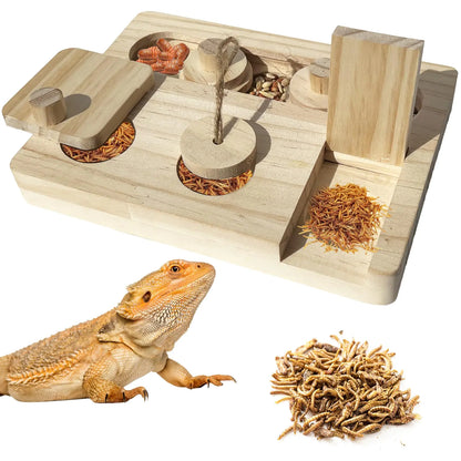 FlidRunest Bearded Dragon Feeder Puzzle Wooden Lizard Feeding Box