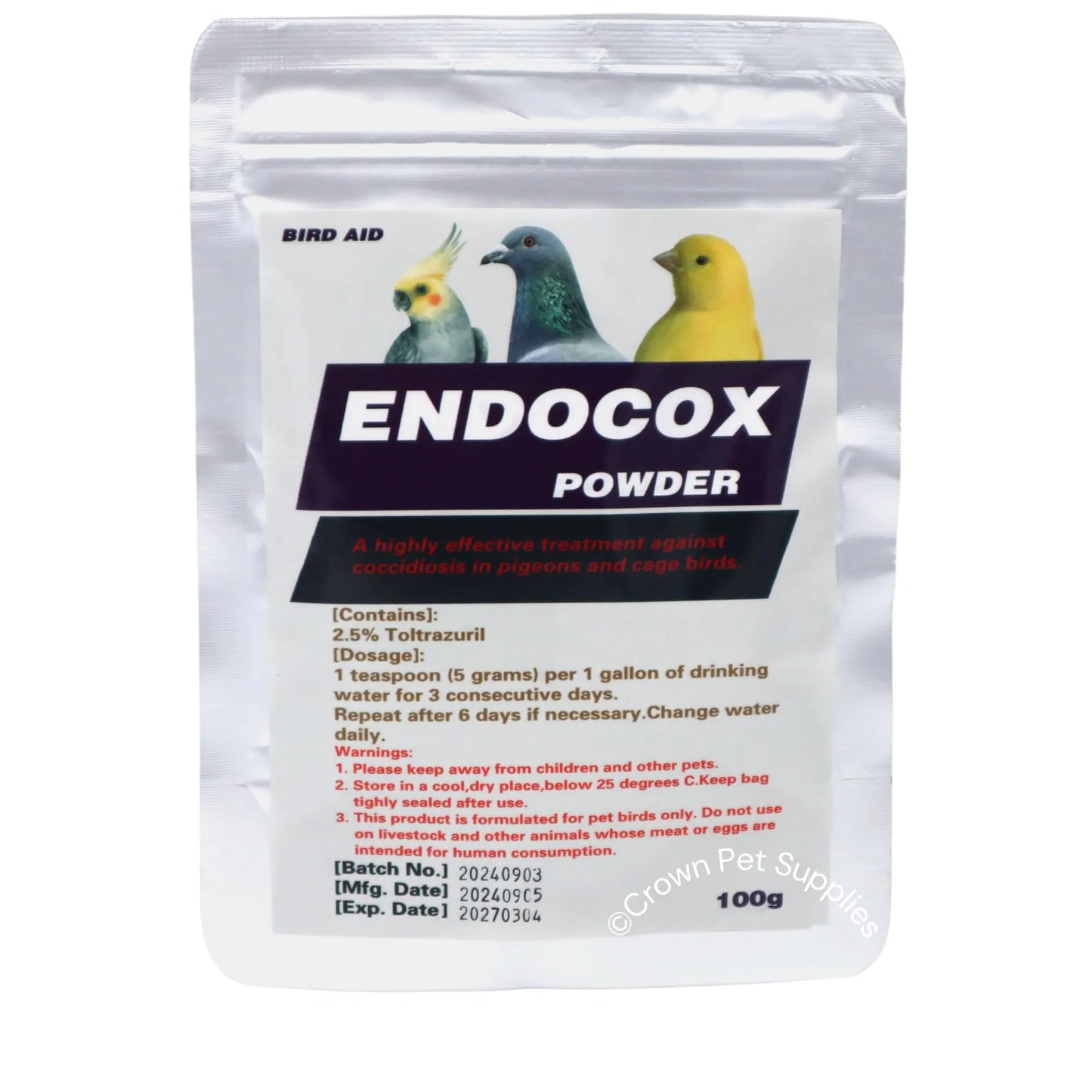 Endo Cox Powder for Pigeons Canary Finches Parakeet Cockatiels Parrots Cage Small Birds and Aviary Birds