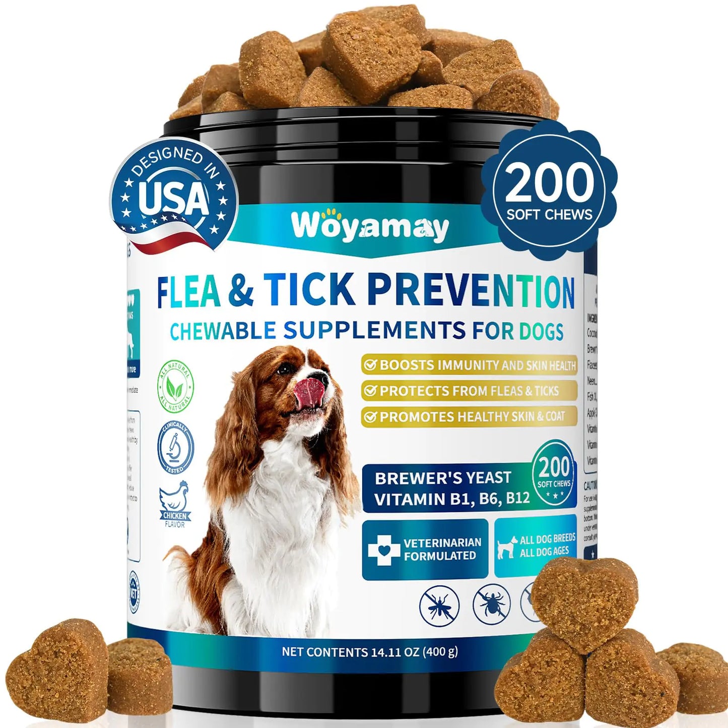 Woyamay Flea and Tick Prevention for Dogs Chewables 200 Soft Treats Natural Dog Flea and Tick Treatment Oral Flea Pills for Dogs Supplement Flea and Tick Chews for Dogs Puppies All Breeds & Sizes