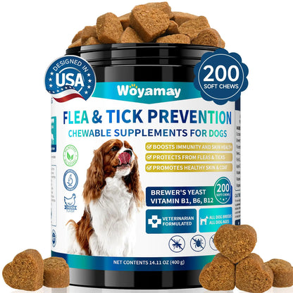 Woyamay Flea and Tick Prevention for Dogs Chewables 200 Soft Treats Natural Dog Flea and Tick Treatment Oral Flea Pills for Dogs Supplement Flea and Tick Chews for Dogs Puppies All Breeds & Sizes