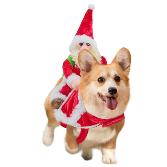 DELIFUR Weihnachtsmann-Kostüm für Hunde, Weihnachtskleidung für Haustiere, Weihnachtsmann, Reitkostüm für Haustiere, Cosplay-Kostüme, Party-Verkleidung, Hunde- und Katzen-Outfit für kleine und mittelgroße Hunde (klein)