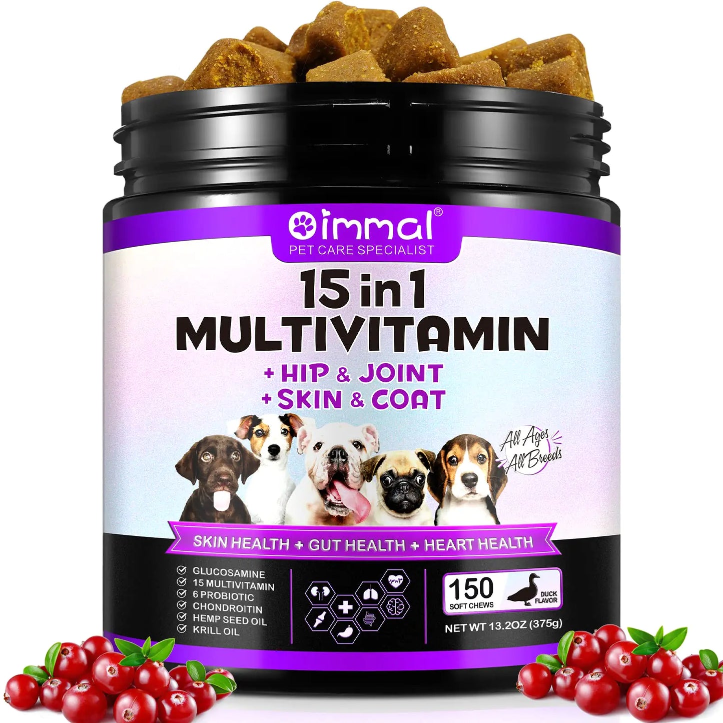 Dog Vitamins and Supplements 15-in-1 Dog Multivitamin Chews with Glucosamine and Probiotics Natural Daily Vitamins Treats for Dogs Pet Health Support-Skin-Immunity-Gut Digestion-Joint-Heart150pcs