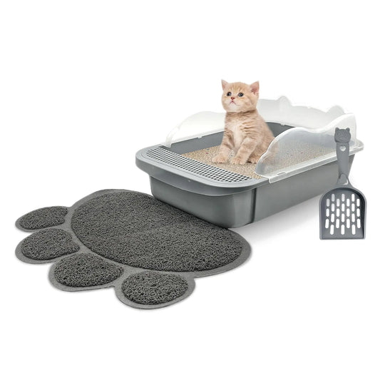 BNOSDM Cat Litter Box + Non-Slip Mat Sifting Open Litter Box Detachable High Sides Small Pet Toilet for Kitty and Thiny Cats (Grey)