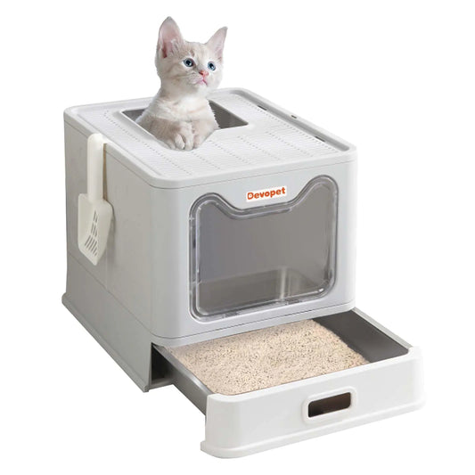 Caja de arena para gatos Devopet de acero inoxidable, cerrada con tapa, plegable, con entrada superior, de metal, grande, antiadherente y fácil de limpiar.