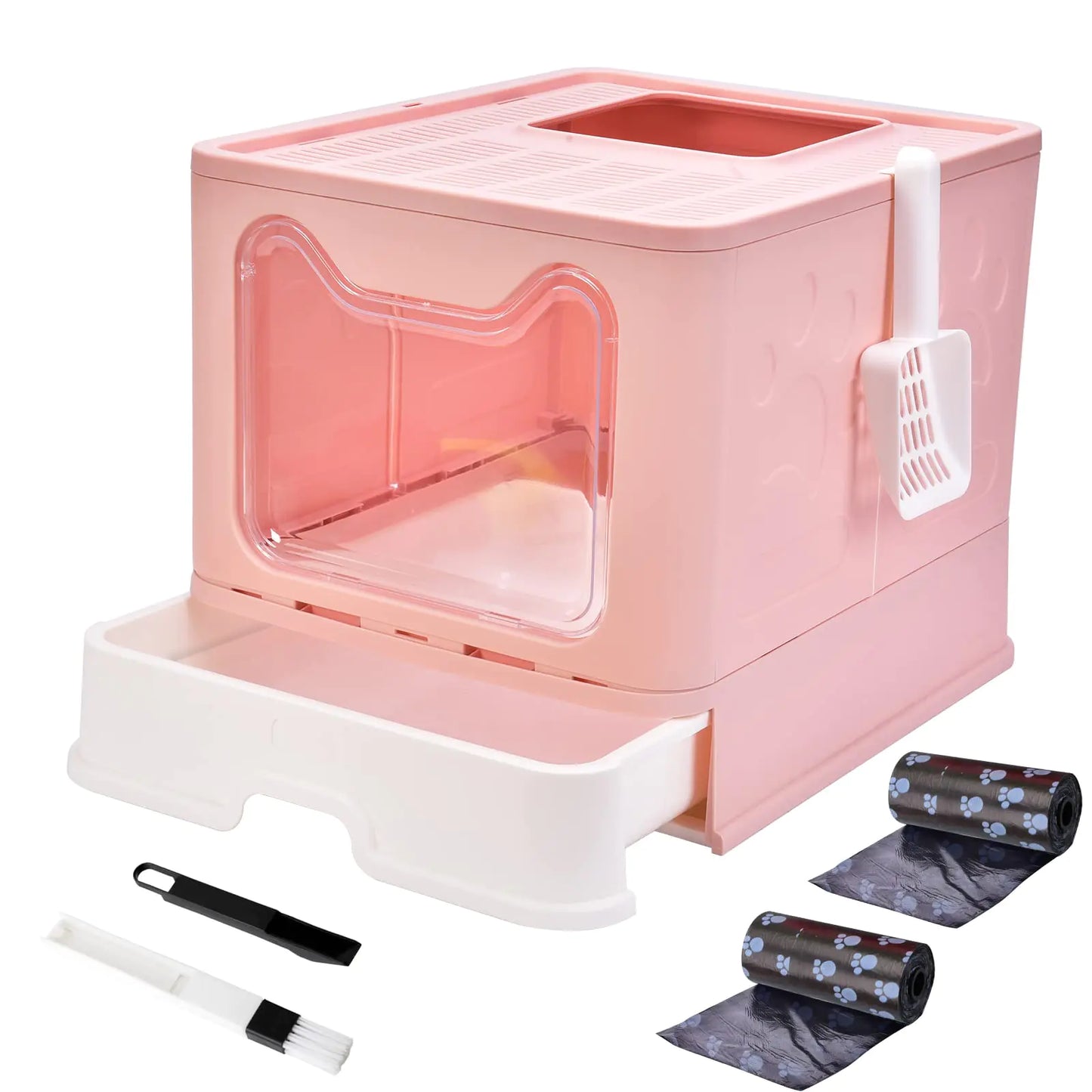 Cat Litter Box with Lid Top Entry Cat Litter Box Pan Enclosed Cat Potty Anti-Splashing Cat Toilet Foldable Litter Box Large Covered Cat Supplies with Scoop Brush and Garbage Bag