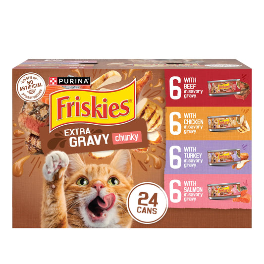 Purina Friskies Extra Gravy Nassfutter für Katzen, stückig, 24 Stück, verschiedene Sorten (mit Huhn, Pute, Lachs, Rind) – (24er-Pack) 5,5 oz. Dosen