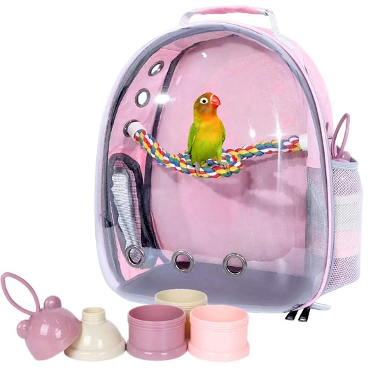 Pink Bird Backpack Carrier with Portable Bird Feeder Cups Pet Bubble Carrier for Pet Birds Airline-Approved Ventilate Transparent Space Capsule Carrier Backpack for Travel Hiking and Outdoor Use