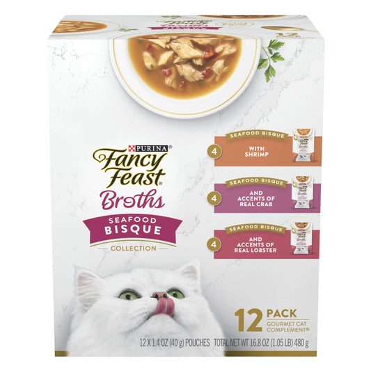 Purina Fancy Feast Broths Seafood Bisque Complement Leckbares getreidefreies Nassfutter für Katzen, verschiedene Packungen – (12 Stück) 1,4 oz Beutel