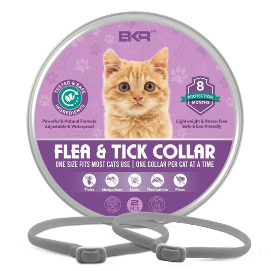 Collar antipulgas BKRMART para gatos (paquete de 2), protección de 16 meses, prevención natural contra pulgas y garrapatas, talla única.