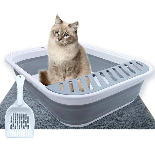 MUYG - Caja de arena plegable para gatos pequeños, con tapa abierta y pala, impermeable y plegable, antisalpicaduras, de acceso bajo, semicerrada, fácil de limpiar (gris)