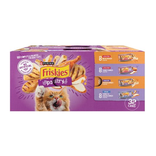 Comida húmeda para gatos Friskies de aves de corral, paquete variado de 4 sabores, lata de 5.5 onzas, paquete de 32