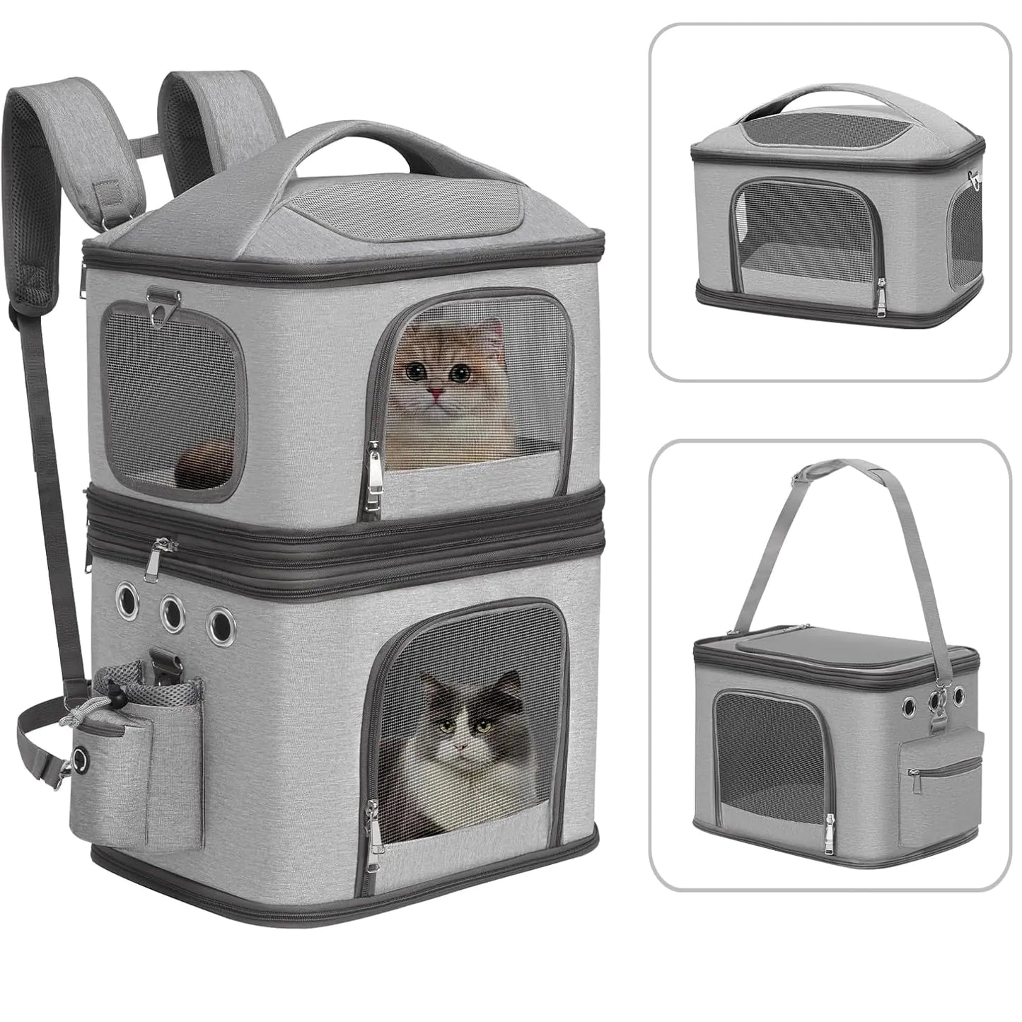 HOVONO Detachable Double Pet Carrier Backpack for Cats and Small Dogs Cat Travel Carrier for 2 Cats Perfect for Traveling/Hiking/Camping Grey