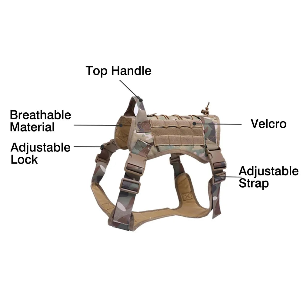 Nylon Tactical Dog Harness with Handle & Bungee Leash for Large Dogs