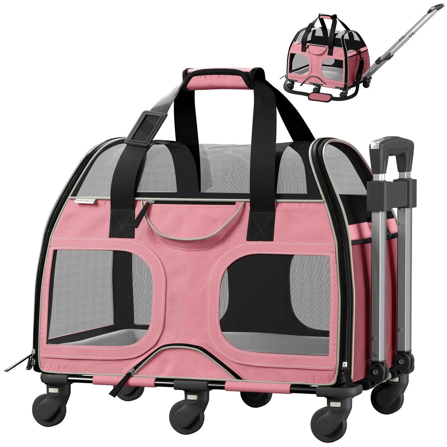 Katziela Pet Carrier - Airline Compliant Dog Carrier - TSA Approved Pet Carrier for Small Dogs and Cats - Soft FAA Travel Airplane Dog Carrier Luggage (Pink/White-6 Wheels)